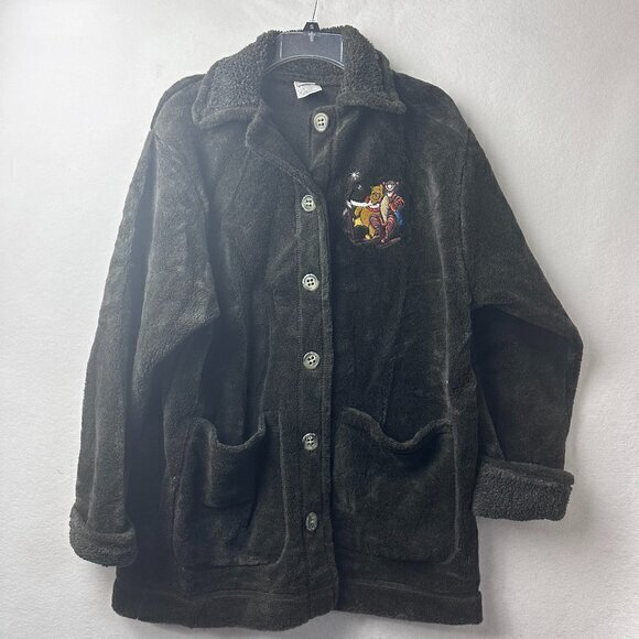 Vtg Winnie the‎ Pooh Tigger Disney USA Fleece Button Up Jacket black Women sz M - Picture 1 of 4